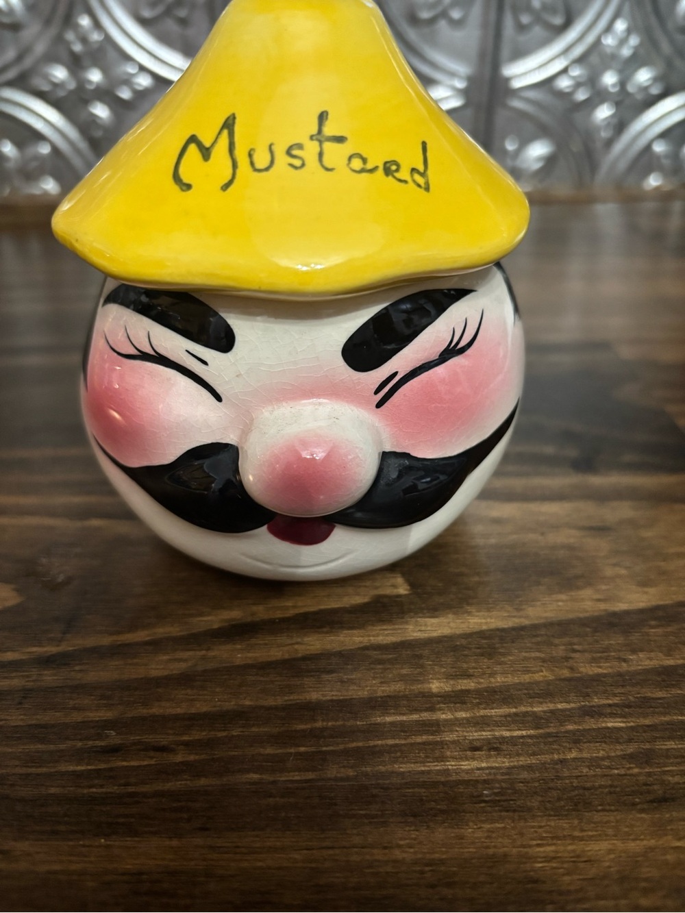 Vintage 1950 Yellow Mustard Face Jar with Pink Cheeks